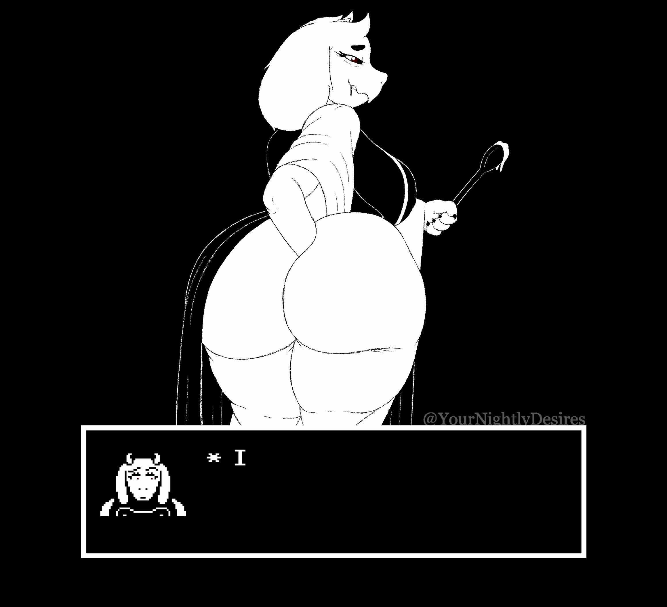 2_horns anal anal_fisting anal_penetration anthro autofisting autopenetration big_breasts big_butt black_background blush bodily_fluids bouncing_breasts bouncing_butt breasts butt butt_scratch clothing clothing_aside cutlery dialogue dress dress_aside drooling female fisting fluffy_ears holding_spoon horn huge_breasts huge_butt kitchen_utensils lost_my_keys masturbation penetration rear_view saliva simple_background smile solo spoon text text_box tools white_horn wooden_spoon yournightlydesires undertale_(series) yeah_i_have_a_type_(meme) toriel bovid caprine goat mammal 2025 animated black_and_white english_text hi_res monochrome