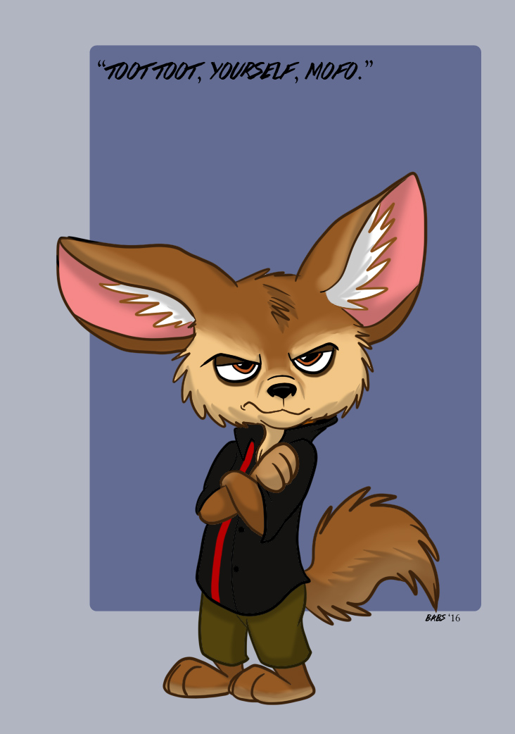 anthro big_head biped black_nose bottomwear brown_body brown_eyes brown_fur clothed clothing crossed_arms fully_clothed fur male pants shirt solo standing topwear lilifox disney zootopia finnick_(zootopia) canid canine fennec_fox fox mammal true_fox 2016