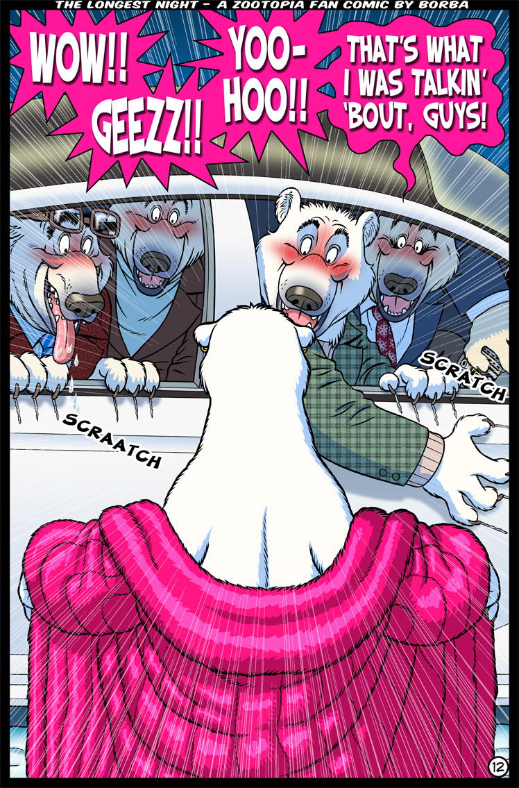 anthro aroused blush car claws clothing exclamation_point eyewear female fur glasses group inside_car male nude onomatopoeia smile sound_effects text tongue tongue_out undressing vehicle white_body white_fur borba disney zootopia katya_(borba) bear mammal polar_bear ursine 2020 comic english_text