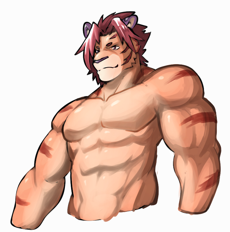 abs anthro clothed clothing fur hair male muscular muscular_anthro muscular_male orange_body orange_fur pecs red_hair solo striped_body striped_fur stripes topless wolfmanwilk lifewonders tokyo_afterschool_summoners nomad_(tas) felid mammal pantherine tiger bust_portrait portrait