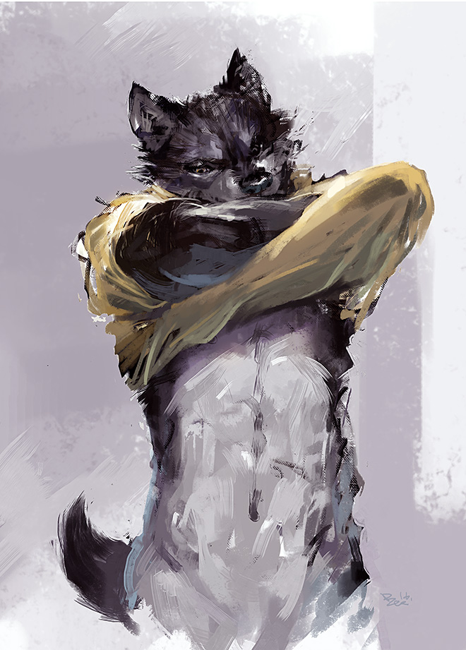 anthro black_body black_fur clothed clothing clothing_lift fur male shirt shirt_lift simple_background solo topwear yellow_clothing yellow_shirt yellow_topwear racoonwolf canid canine canis mammal wolf