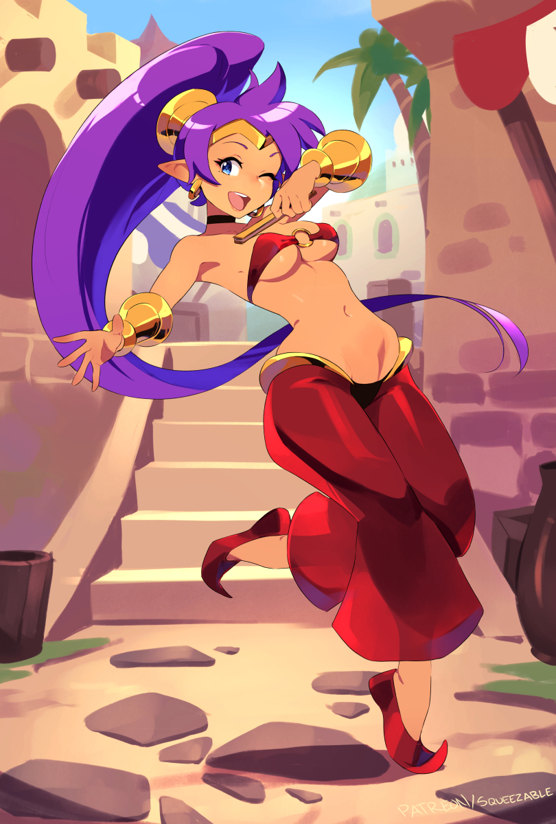 belly_dancer blue_eyes breasts female hair humanoid_pointy_ears long_hair midriff navel not_furry open_mouth open_smile outside pointy_ears ponytail purple_hair smile solo squeezable shantae_(series) wayforward shantae genie humanoid 2024 hi_res