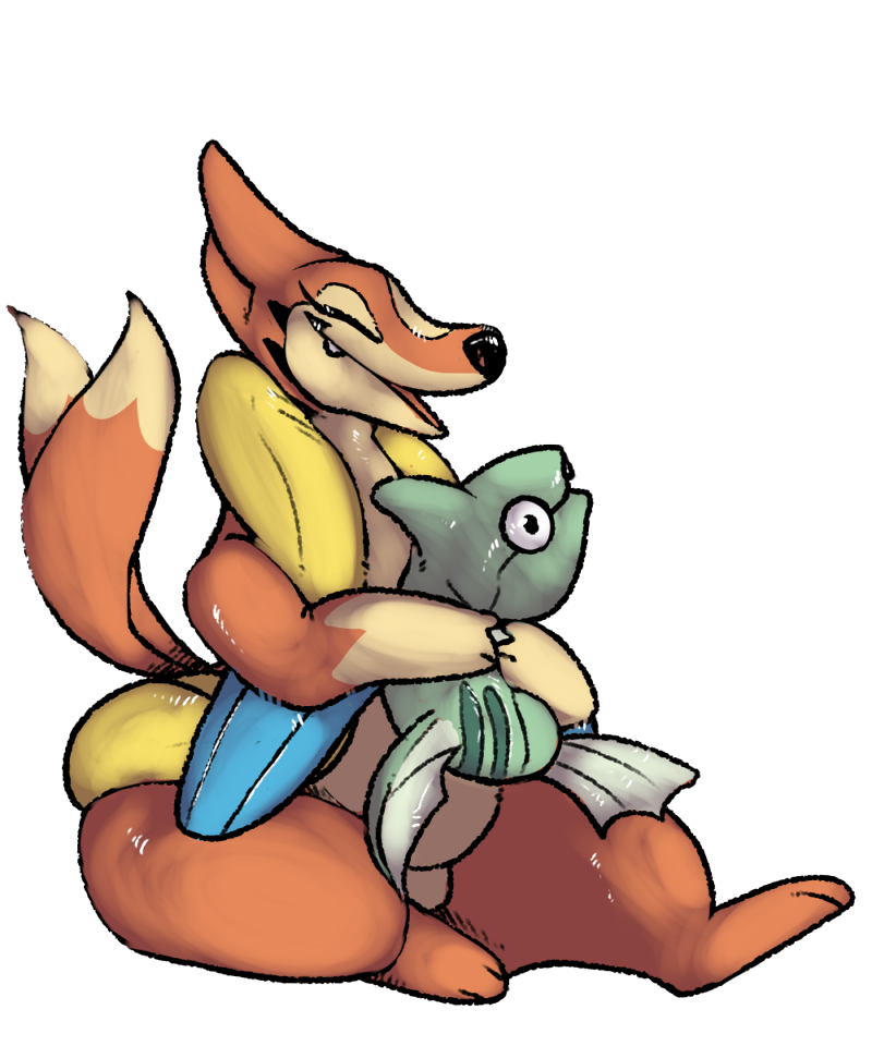 2_tails anthro biped black_nose duo eyes_closed female feral fur grey_body grey_skin hug multi_tail open_mouth orange_body orange_fur orange_tail simple_background sitting tail teeth white_background meisterfahrenheit nintendo pokemon shelby_(simplifypm) fish floatzel generation_2_pokemon generation_4_pokemon mammal marine mustelid pokemon_(species) remoraid 2016 5:6