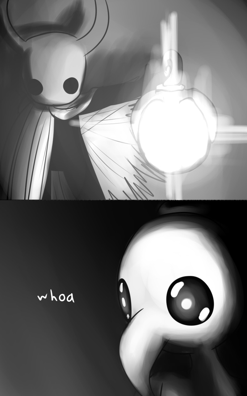 2_horns 2_panel_comic ambiguous_gender biped black_body black_eyes cloak clothing duo glowing holding_lantern holding_object horn standing text white_head white_text skeletorskeletonized hollow_knight team_cherry iselda_(hollow_knight) the_knight_(hollow_knight) arthropod vessel_(species) 2020 5:8 comic digital_media_(artwork) english_text greyscale hi_res monochrome female_(lore)