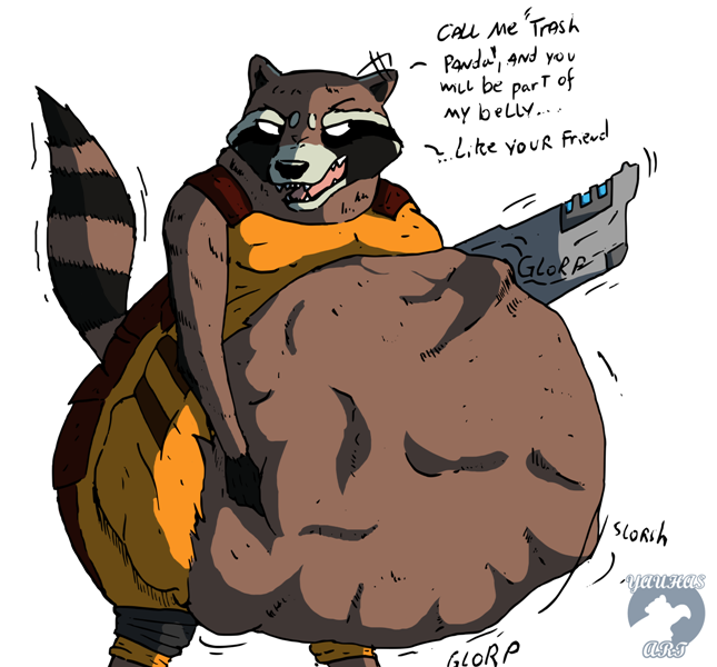 abdominal_bulge anthro belly big_belly clothed clothing dialogue fangs fur gun hand_on_belly holding_gun holding_object holding_ranged_weapon holding_weapon jumpsuit male markings motion_lines open_mouth raised_tail ranged_weapon soft_vore solo sound_effects striped_markings striped_tail stripes tail tail_markings teeth text tongue torn_clothing vore weapon yauhasart guardians_of_the_galaxy marvel rocket_raccoon mammal procyonid raccoon 2019 signature