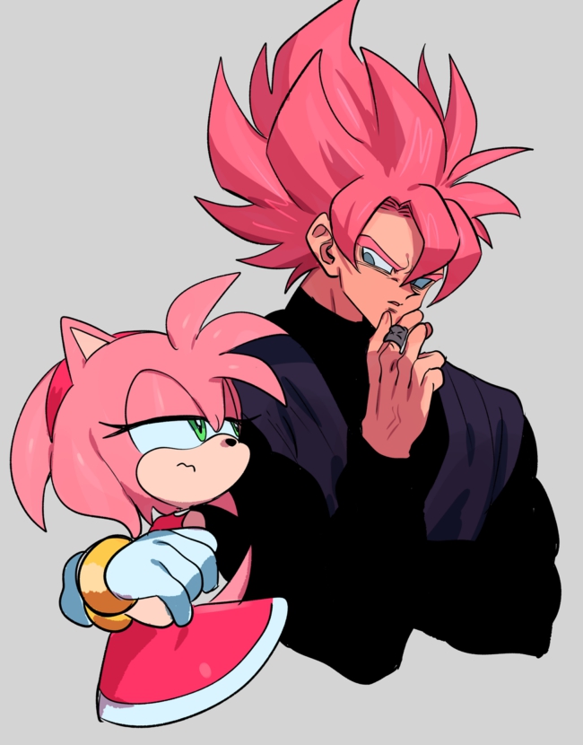 accessory anthro clothing duo eye_contact female hair hair_accessory hairband half-closed_eyes looking_at_another male narrowed_eyes pink_hair simple_background corelessmoter dragon_ball sega sonic_the_hedgehog_(series) amy_rose goku_black eulipotyphlan hedgehog human mammal crossover