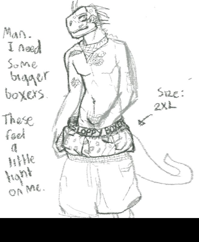 anthro bottomwear bottomwear_down boxers_(clothing) clothed clothing cocky dialogue male oversized_clothing partially_clothed shorts shorts_down solo twunk underwear swordsofsevens iguana iguanid lizard reptile scalie