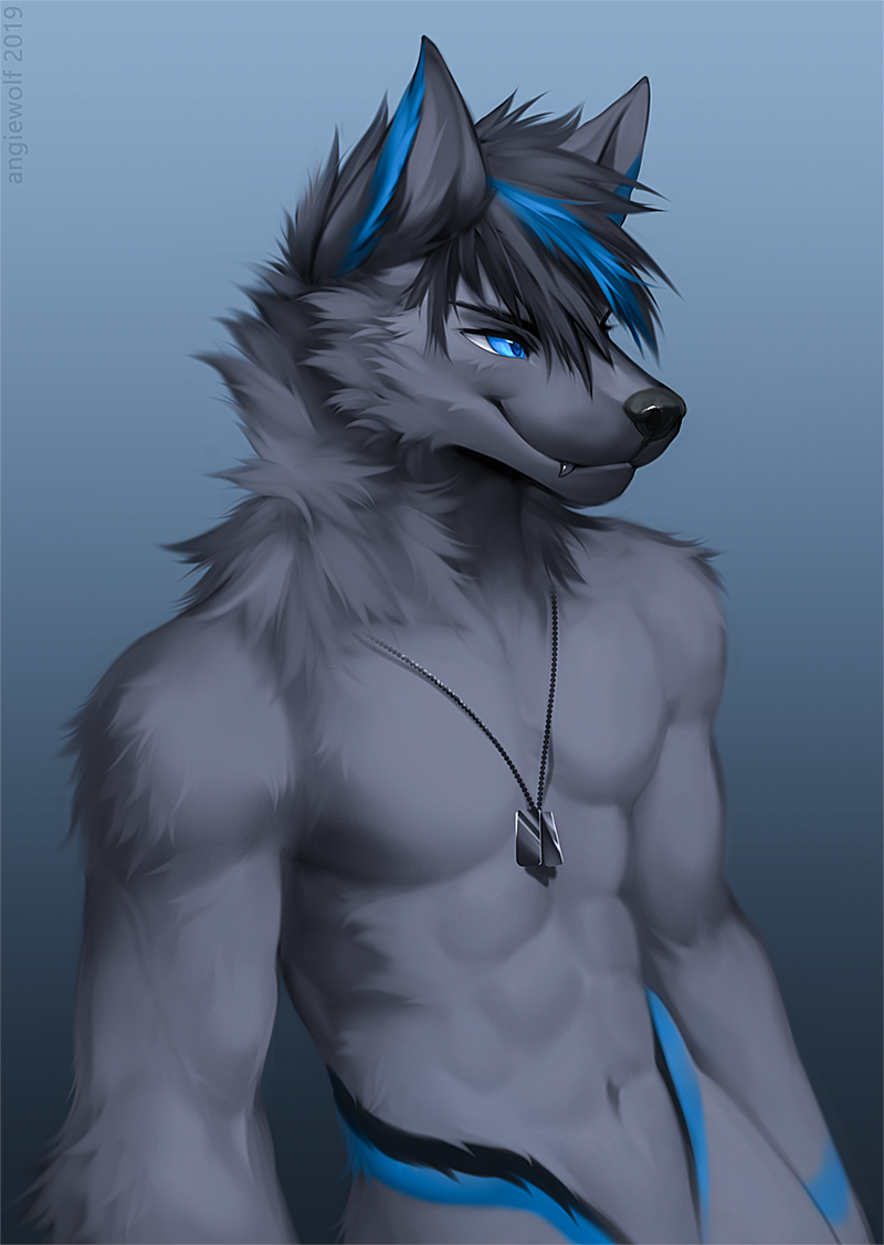 abs anthro black_hair black_nose blue_eyes blue_hair dog_tags fangs fur grey_body grey_fur hair male navel nude simple_background smile solo teeth angiewolf carijet canid canine canis mammal wolf 2019 digital_media_(artwork)