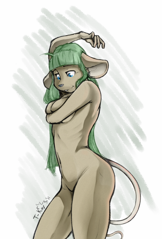 anthro bangs biped blue_eyes breast_squish breasts butt casual_nudity covering covering_breasts covering_self female green_hair hair long_hair looking_down nude side_view simple_background smile solo squish standing straight_hair t-kay katie_tinson mammal mouse murid murine rodent 2011 digital_media_(artwork) portrait shaded three-quarter_portrait