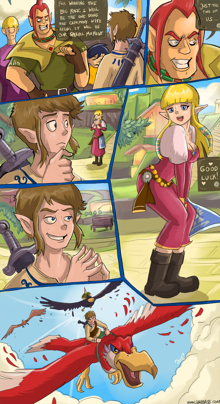 big_breasts blonde_hair blue_eyes breasts brown_hair dialogue female hair male melee_weapon not_furry red_hair sword text weapon shadman nintendo skyward_sword the_legend_of_zelda crimson_loftwing groose groose's_loftwing link princess_zelda avian bird humanoid loftwing comic english_text hi_res