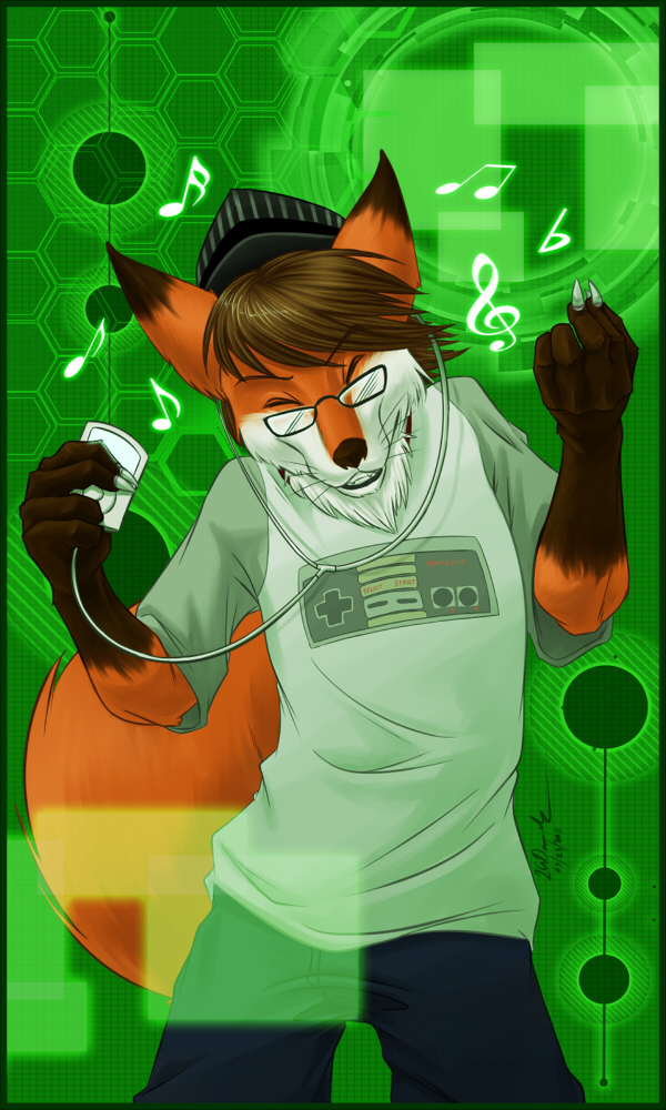 5_fingers anthro biped bottomwear brown_body brown_fur brown_hair claws clothed clothing controller earbuds electronics eyes_closed eyewear fingers fluffy fluffy_tail front_view fully_clothed fur game_controller game_controller_shirt glasses gloves_(marking) green_background hair headphones holding_ipod holding_object listening_to_music male markings musical_clef musical_note musical_symbol nes_controller nintendo_controller orange_body orange_fur pants portable_music_player retro_controller shirt short_hair simple_background solo standing symbol tail topwear treble_clef whiskers white_body white_fur y2k_(graphic_design) tigerbeacon apple_inc. ipod nintendo nintendo_entertainment_system foxydude canid canine fox mammal 3:5