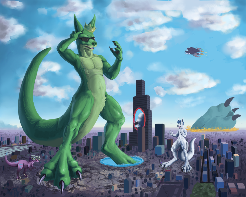 aircraft airplane ambiguous_gender anthro blue_eyes blue_hair building city claws cloud crown destruction duo featureless_crotch feral fur giga green_body green_fur hair headgear landscape_dwarfing macro male navel nude open_mouth outside portal purple_body purple_scales scales size_difference size_tiering sky tail text toe_claws tongue vehicle white_body white_fur wide_crotch yellow_eyes spectrumshift portal_(series) valve duncan_roo rooth zypher dinosaur kangaroo macropod mammal marsupial prehistoric_species reptile scalie 2015 english_text