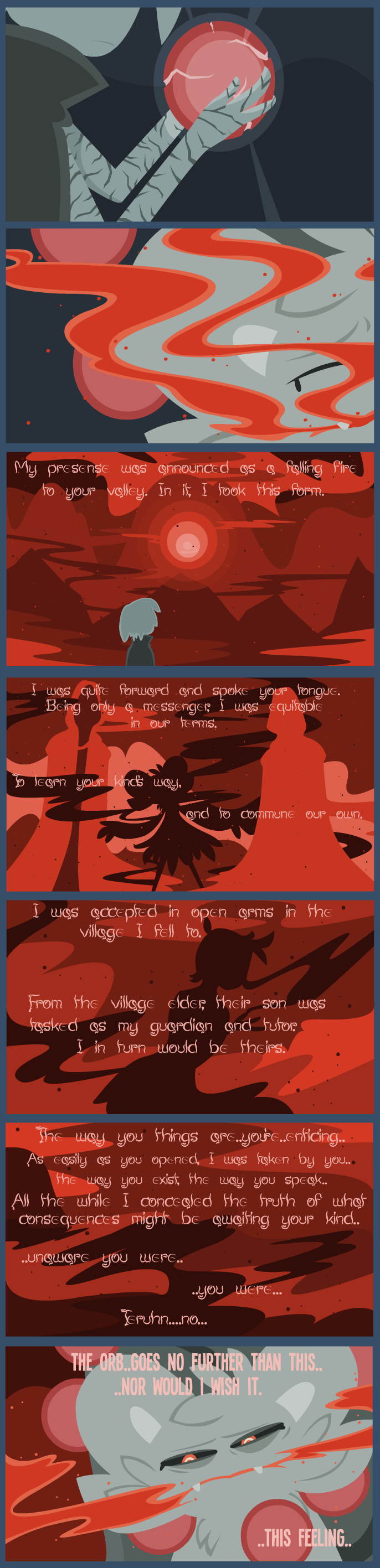 cloak clothed clothing dialogue duo fog fully_clothed fur group hair male mountain open_mouth orange_eyes orb outside red_text simple_background solo teeth text trio shane_frost ter_(sword_breaker) teruhn_(sword_breaker) human mammal monster 2019 absurd_res comic digital_media_(artwork) english_text hi_res long_image tall_image