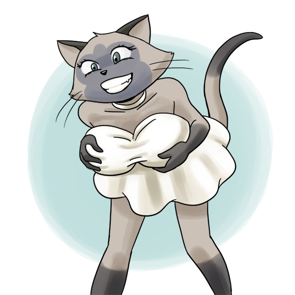 anthro big_breasts bottomwear breasts clothed clothing female grin looking_at_viewer raised_tail skirt smile solo tail carelessdoodler maeterlinck's_blue_bird mega_milk tyltyl_and_mytyl's_adventurous_journey shanet domestic_cat felid feline felis mammal siamese 1:1 meme