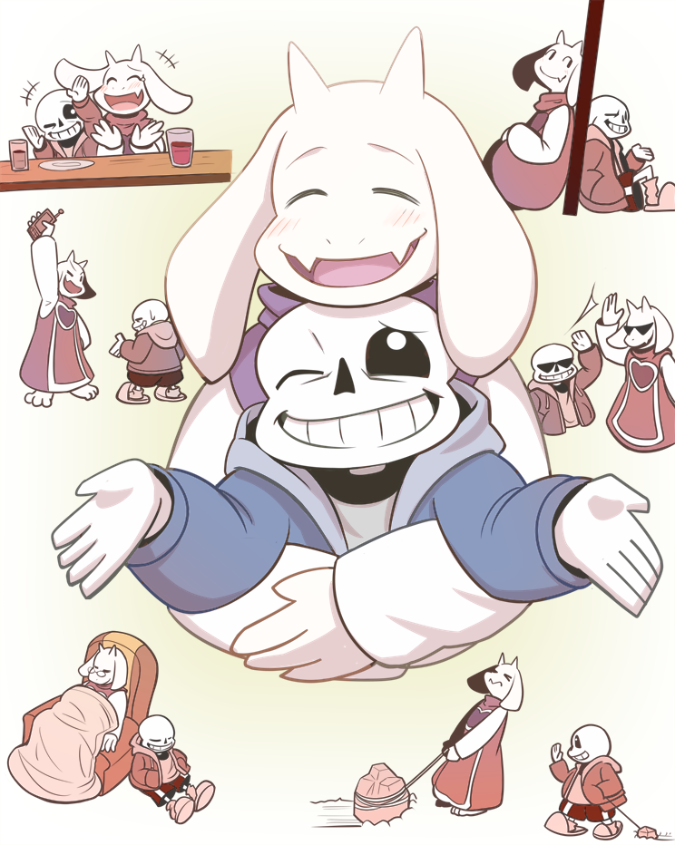 anthro bone clothing duo eyewear female hug humanoid_on_anthro male male/female romantic romantic_couple skeleton sleeping sunglasses nyusu_ut undertale undertale_(series) sans_(undertale) toriel animated_skeleton boss_monster_(undertale) bovid caprine humanoid mammal undead