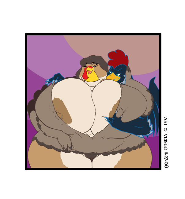 anthro beak big_breasts big_butt breasts butt duo female genitals huge_breasts huge_butt male male/female nipples non-mammal_breasts non-mammal_nipples obese overweight pussy squeezing thick_thighs wide_hips vdisco blue_(vdisco) sofie_(vdisco) avian bird galliform phasianid turkey 2008