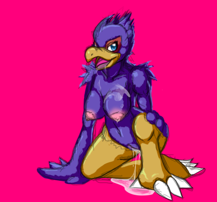 anthro beak biped blue_body blue_feathers bodily_fluids breasts crossgender cum feathers female genital_fluids genitals kneeling nipples non-mammal_breasts non-mammal_nipples pussy solo kaivolate raptorkou nintendo star_fox falco_lombardi avian bird sketch