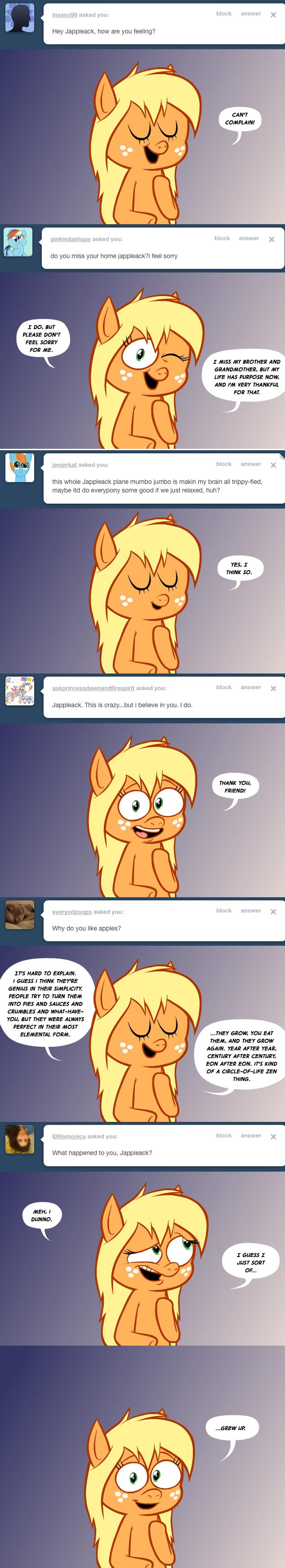 ask_jappleack blonde_hair dialogue eyes_closed female feral freckles green_eyes hair meditation solo text hotdiggedydemon friendship_is_magic hasbro my_little_pony tumblr applejack_(mlp) earth_pony equid equine horse mammal pony 2012 absurd_res comic english_text hi_res long_image tall_image