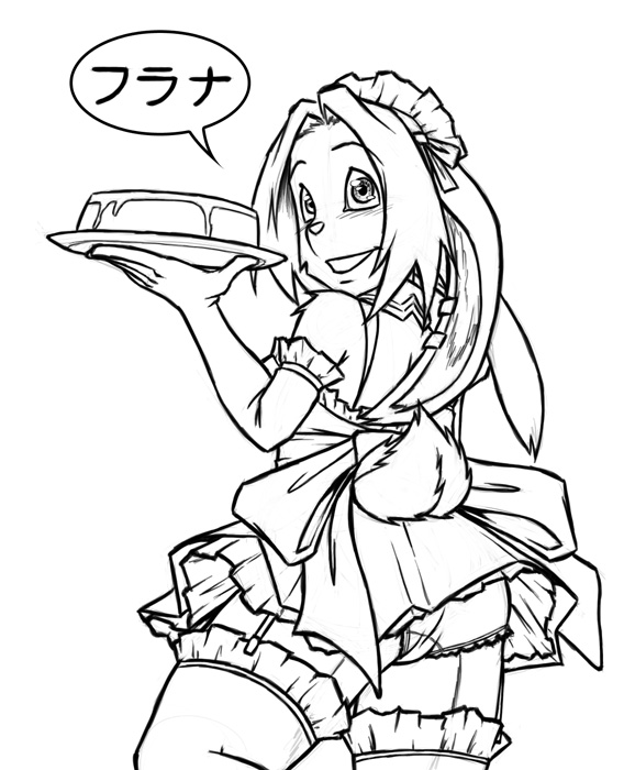 anthro bow_ribbon clothed clothing dessert dialogue female flan food legwear looking_at_viewer looking_back maid_uniform panties plate solo stockings text underwear uniform upskirt keiron_white fran_cervice lagomorph leporid mammal rabbit 2007 japanese_text monochrome