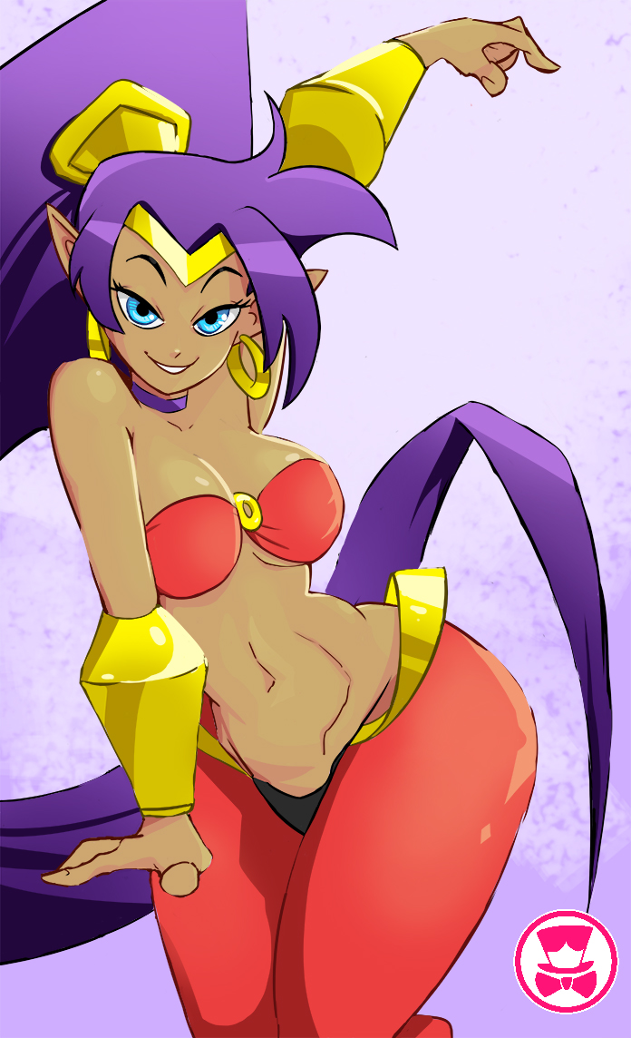 athletic athletic_female bandeau belly_dancer belly_dancing big_breasts blue_eyes breasts clothed clothing ear_piercing ear_ring female hair midriff navel not_furry piercing purple_hair ring_piercing solo topwear under_boob wide_hips schpicy shantae_(series) wayforward shantae humanoid