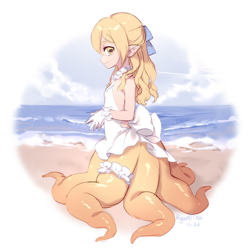 beach blonde_hair breasts day detailed_background female flat_chested hair humanoid_pointy_ears looking_at_viewer outside pointy_ears ribbons sea seaside sky small_breasts smile solo split_form water yellow_eyes young kyuritizu animal_humanoid cecaelia cephalopod cephalopod_humanoid humanoid marine marine_humanoid merfolk mollusk mollusk_humanoid 1:1