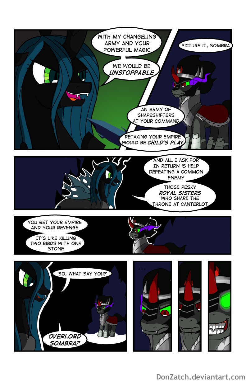 black_body black_fur black_hair crystal dark_magic duo female feral fur glowing glowing_eyes green_eyes green_hair hair horn insect_wings magic male plotting red_eyes smile teeth text villains wings donzatch friendship_is_magic hasbro my_little_pony mythology king_sombra_(mlp) queen_chrysalis_(mlp) arthropod changeling equid equine mammal mythological_creature mythological_equine unicorn 2014 comic english_text hi_res url