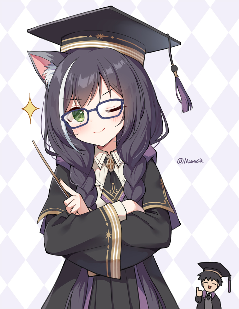 braided_hair crossed_arms eyewear female glasses gown graduation_cap green_eyes hair necktie one_eye_closed pigtails pointer smile wink mauve_(artist) cygames princess_connect! princess_connect!_re:dive karyl_(princess_connect!) animal_humanoid cat_humanoid felid felid_humanoid feline feline_humanoid humanoid mammal mammal_humanoid 2023