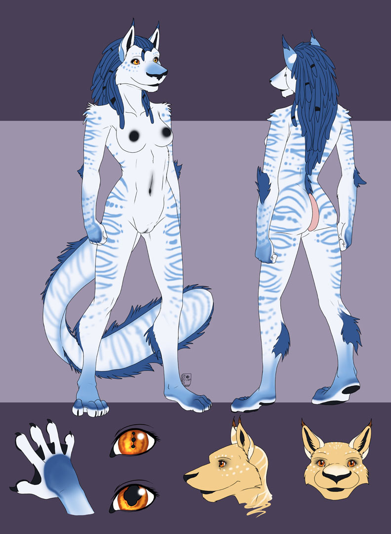 anthro black_nipples black_pawpads blue_markings claws dreadlocks female genitals hair long_hair looking_aside looking_at_viewer markings membrane_(anatomy) navel nipples orange_eyes pawpads plantigrade pupils pussy rear_view simple_background solo unusual_pupils webbed_hands pinkuh alien shathra model_sheet