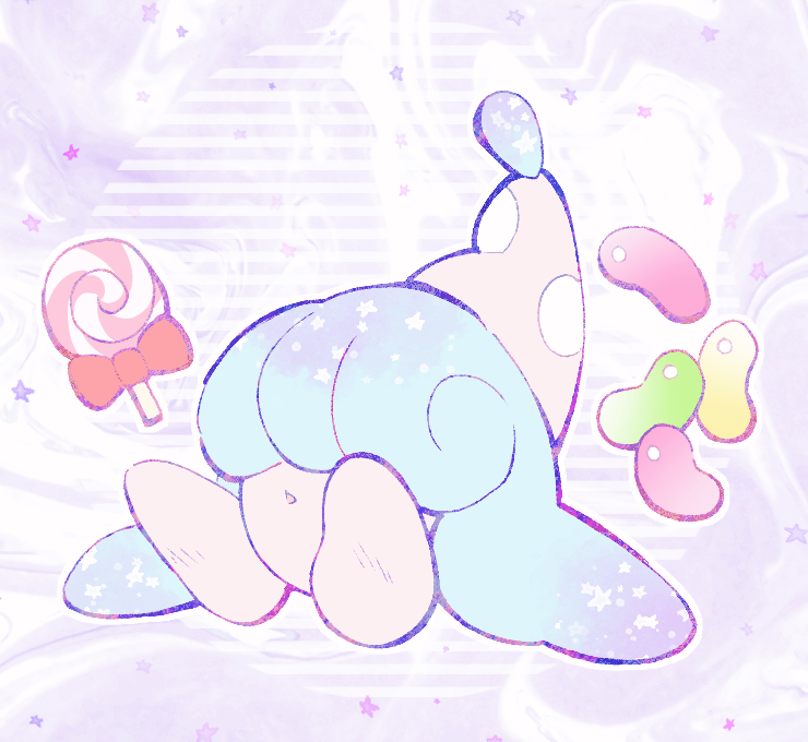 abstract_background bean blue_hair candy dessert food hair hair_over_eyes heart_symbol jelly_bean lollipop long_hair open_mouth pseudo_hair purple_background simple_background sitting solo tentacle_hair tentacles text minashirazu nintendo pokemon generation_8_pokemon hatenna pokemon_(species) waddling_head 2019