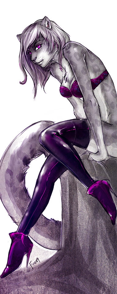 anthro biped boots bottomless bra chest_tuft clothed clothing female footwear fur grey_body grey_fur high_heeled_boots high_heels legwear looking_at_viewer purple_eyes selective_desaturation shoes simple_background solo stockings tail thigh_highs tuft underwear fudchan felid mammal pantherine snow_leopard 2009