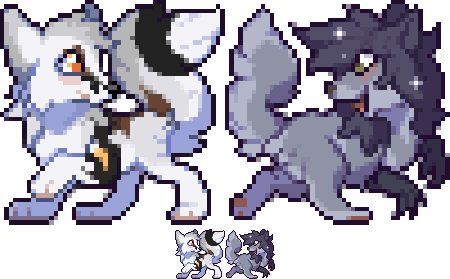 black_body black_fur black_nose black_tail duo female feral fur green_eyes grey_body grey_ears grey_fur grey_hair grey_tail hair male orange_eyes pawpads pink_pawpads tail white_body white_ears white_fur white_tail yellow_body yellow_fur hioshiru hioshiru_(character) kej_(kejifox) canid canine canis enfield fox hybrid mammal vulpin wolf 2018 alpha_channel digital_media_(artwork) low_res pixel_(artwork)