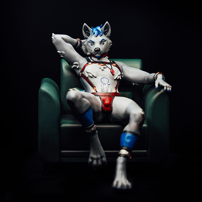 anthro armchair chair daldrakk figurine furniture gear harness jocktrap male printed sitting solo wristband ray-bleiz canid canine canis mammal wolf painted_(disambiguation) 3d_(artwork) digital_media_(artwork)