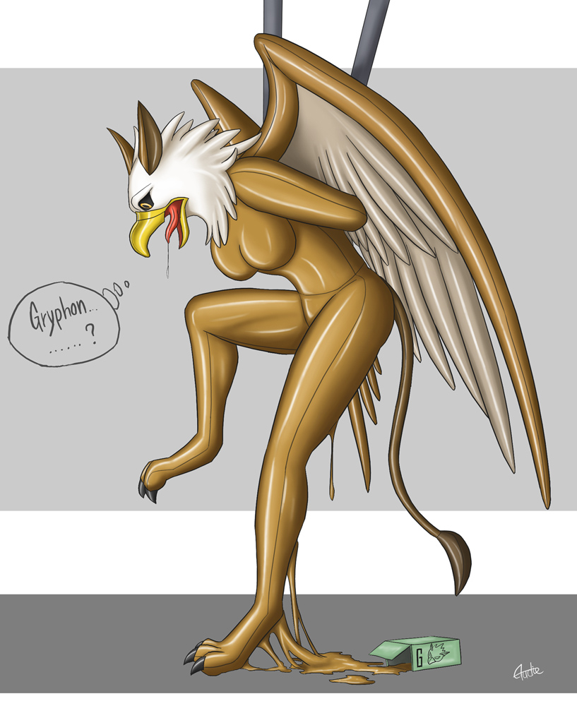 anthro beak brown_body brown_skin claws clothing feathered_wings feathers female goo_transformation latex latex_clothing latex_skinsuit rubber_clothing simple_background skinsuit solo tail text tight_clothing tongue tongue_out transformation wings yellow_eyes audie-gryph mythology avian gryphon mythological_avian mythological_creature english_text