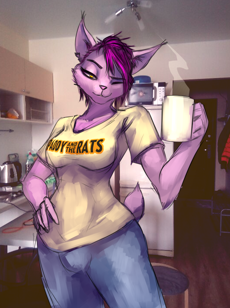 anthro beverage breasts bulge clothed clothing coffee container cup gynomorph hair intersex kitchen one_eye_closed short_hair smile solo gorezing gorezing_(character) felid feline lynx mammal