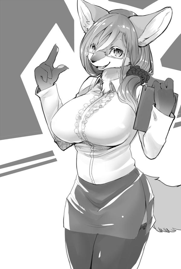 anthro big_breasts bottomwear breasts clipboard clothing eyewear female glasses hair holding_clipboard holding_object huge_breasts kemono legwear long_hair looking_at_viewer miniskirt open_mouth skirt smile solo stockings teacher yoona canid canine canis domestic_dog mammal monochrome