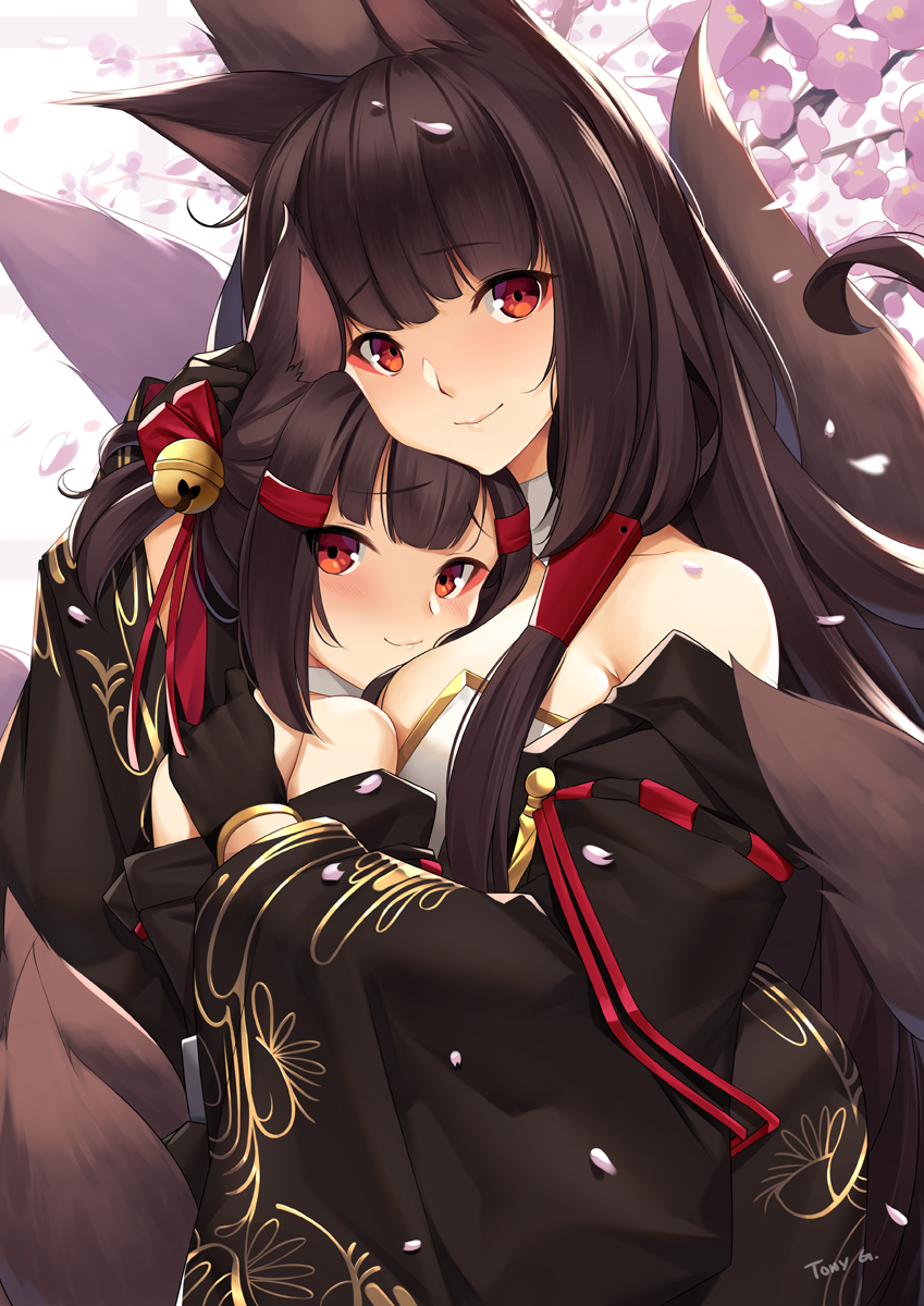 asian_clothing bell blush breasts brown_eyes brown_hair clothing detailed_background duo east_asian_clothing female flower gloves hair handwear hug looking_at_viewer multi_tail plant smile tail young young_humanoid tony_guisado azur_lane akagi_(azur_lane) animal_humanoid canid canid_humanoid canine canine_humanoid fox_humanoid humanoid mammal mammal_humanoid 2019 hi_res