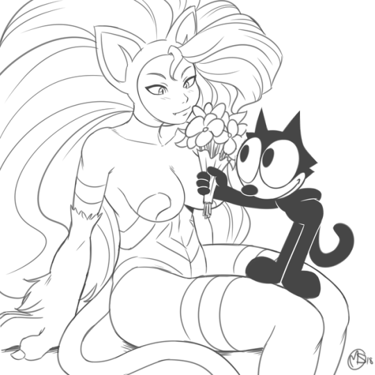 anthro black_tail blush bouquet breasts cheek_tuft claws cute_fangs duo facial_tuft fangs female fleischer_style_toon flower hair hand_behind_back humanoid_hands long_hair male nude on_lap plant simple_background sitting smile standing tail teeth toony tuft white_background megasweet capcom darkstalkers felix_the_cat_(series) felicia_(darkstalkers) felix_the_cat animal_humanoid domestic_cat felid feline felis humanoid mammal 1:1 2018 crossover full-length_portrait greyscale monochrome portrait