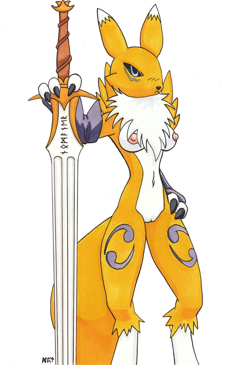 anthro areola biped black_nose black_sclera blue_eyes breasts chest_tuft claws clothing female fur genitals gloves handwear melee_weapon navel nipples pussy solo standing sword tuft unimpressed weapon white_body white_fur yellow_body yellow_fur ratofblades bandai_namco digimon canid canine digimon_(species) mammal renamon hi_res