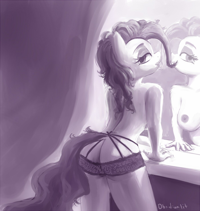 anthro anthrofied breasts butt clothed clothing cutie_mark female hair half-closed_eyes inside looking_at_viewer looking_back mirror narrowed_eyes nipples rear_view solo topless obsidianlit friendship_is_magic hasbro my_little_pony pinkie_pie_(mlp) earth_pony equid equine horse mammal pony 2014 monochrome