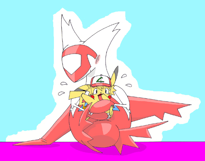 ambiguous_gender blush bodily_fluids clothing duo hat headgear headwear open_mouth sweat pasaran nintendo pokemon ashchu generation_1_pokemon generation_3_pokemon latias legendary_pokemon pikachu pokemon_(species)