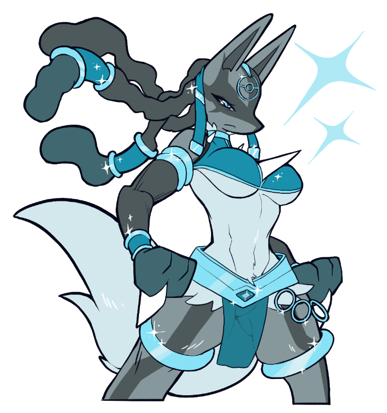 anthro armband breasts chest_spike clothed clothing female fighting_pose holowear_(pokemon) jewelry pokeball pose simple_background skimpy solo sparkles spikes spikes_(anatomy) under_boob white_background redrabbu nintendo pokemon pokemon_unite ruins_style_lucario generation_6_pokemon mega_evolution mega_lucario pokemon_(species) 2022 monochrome