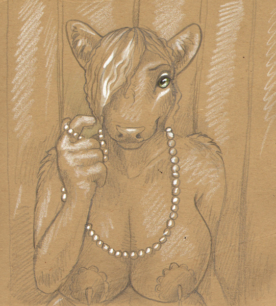 anthro big_breasts biped breasts female fingers front_view fur gem green_eyes hair hair_over_eye jewelry looking_at_viewer necklace nipple_analogue nude one_eye_obstructed pasties pearl_(gem) pearl_necklace short_fur snout solo cadmiumtea bovid bovine cattle mammal 2014 graphite_(artwork) half-length_portrait monochrome portrait sepia spot_color traditional_media_(artwork)