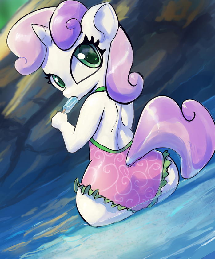 anthro backless_clothing backless_swimsuit big_butt butt clothing eating female food horn looking_back one-piece_swimsuit open-back_swimsuit popsicle sea_salt_ice_cream sitting solo swimwear water young young_anthro raikoh-illust friendship_is_magic hasbro my_little_pony mythology sweetie_belle_(mlp) equid equine mammal mythological_creature mythological_equine unicorn