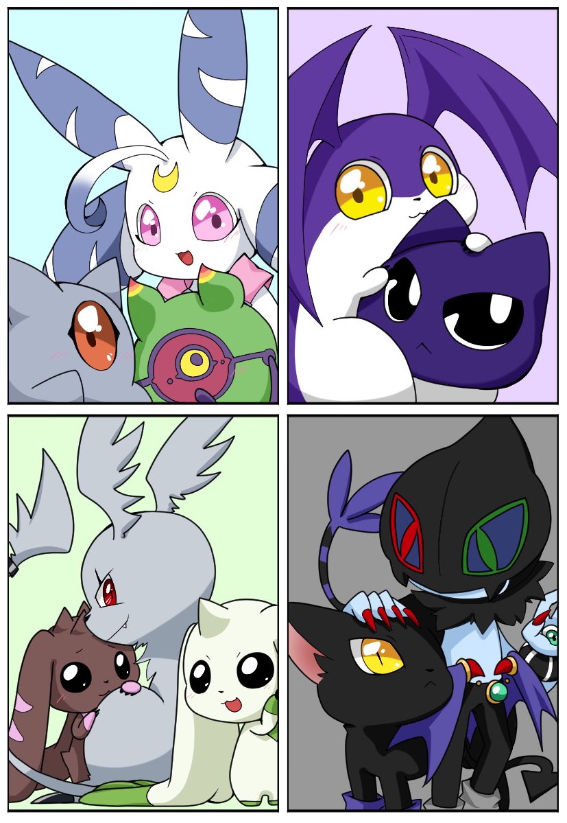 anthro black_body black_fur brown_body brown_fur fur grey_body grey_fur group horn long_ears red_eyes white_body white_fur wings anlu_kurage bandai_namco digimon blackgatomon digimon_(species) dracmon gazimon lopmon lunamon terriermon tsukaimon waddling_head