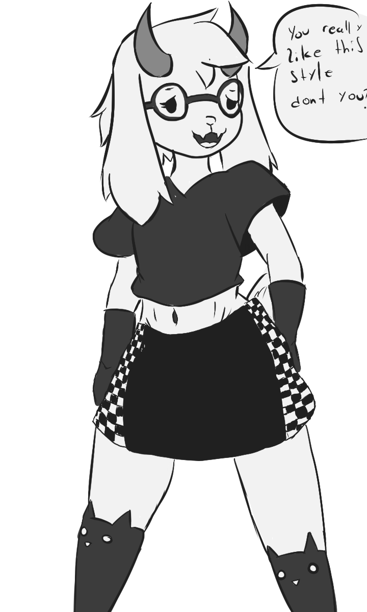 alternative_fashion anthro biped bottomwear cat_stockings clothed clothing crossdressing eyewear femboy glasses goth male simple_background simple_drawing skirt solo blackpatapon deltarune undertale_(series) ralsei bovid caprine goat mammal 3:5 alpha_channel hi_res monochrome