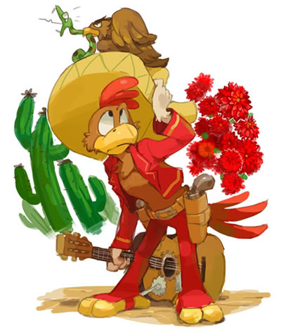 anthro beak cactus clothing feral flower group guitar gun handgun hat headgear headwear holster male musical_instrument plant plucked_string_instrument ranged_weapon string_instrument weapon nemurism disney the_three_caballeros panchito_pistoles avian bird chicken galliform gallus_(genus) phasianid reptile scalie snake 2012 low_res