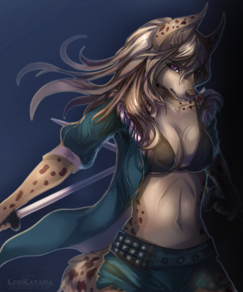 anthro belt blue_background breasts brown_body brown_fur brown_hair brown_nose clothed clothing female fur hair jacket katana long_hair looking_at_viewer melee_weapon navel purple_eyes simple_background solo spots sword text topwear weapon leokatana canid canine canis felid feline hybrid lynx mammal wolf 2016 5:6 english_text