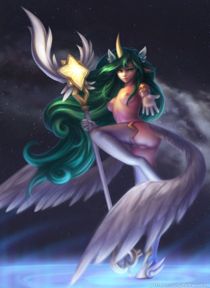 areola breasts butt female genitals green_eyes green_hair hair holding_object hooves horn light looking_at_viewer nipples pussy sky solo staff star star_guardian starry_sky milkwyvern league_of_legends riot_games tencent soraka animal_humanoid humanoid lighting