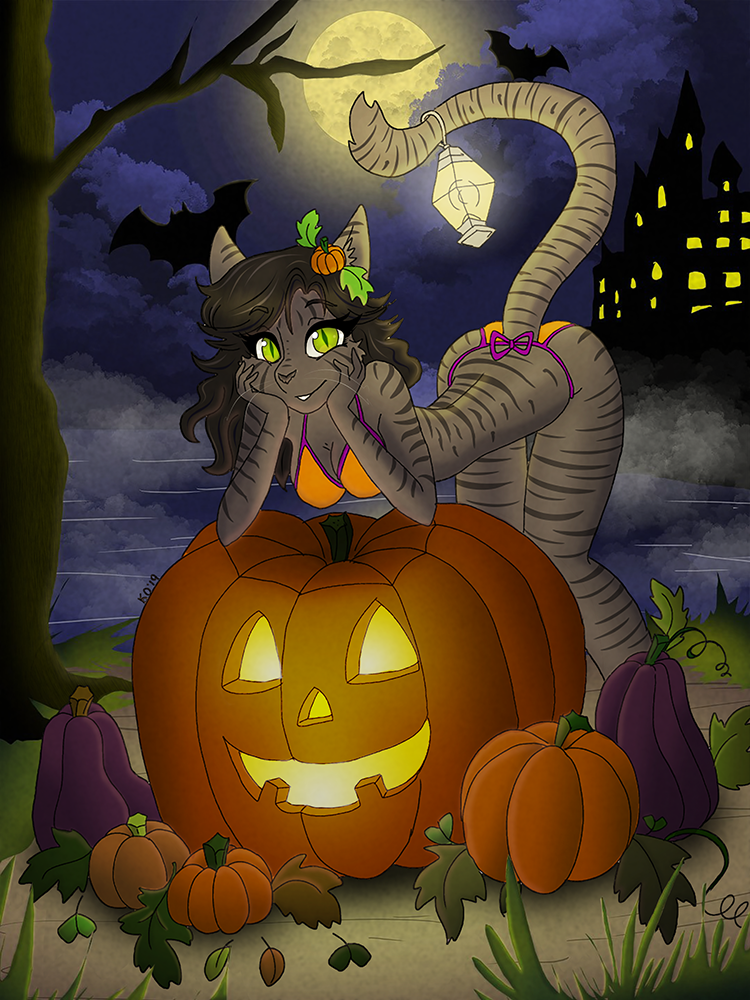 anthro bangs bikini black_hair castle clothing cloud detailed_background female food fruit gourd green_eyes hair holidays jack-o'-lantern lamp lantern looking_at_viewer moon plant pumpkin smile solo stripes swimwear tree two-piece_swimsuit water whiskers kizmit_(artist) mystrial qwaychou tragicfangirl zoel_no_one halloween bat domestic_cat felid feline felis mammal tabby_cat 2019 3:4 artist_collaboration