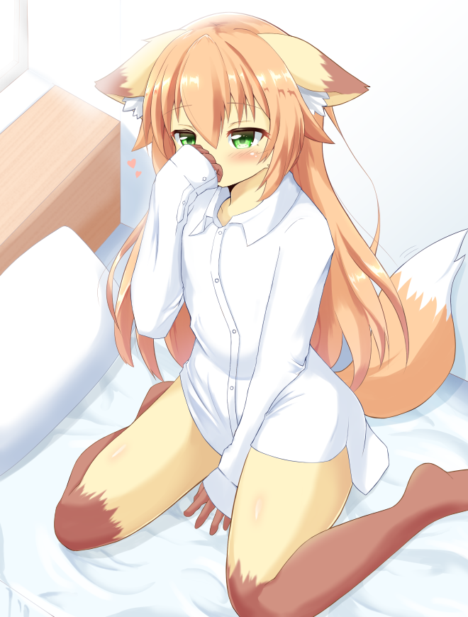 anthro bed blush brown_body brown_fur clothed clothing femboy fur furniture green_eyes kneeling male orange_body orange_fur pillow solo white_body white_fur yellow_body yellow_fur an_chobi94 remu-kun canid canine fox mammal 2020